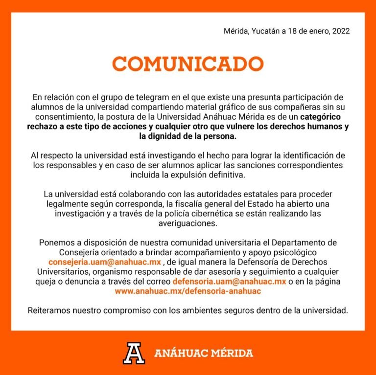 Universidad Anáhuac Mayab advierte expulsión definitiva a alumnos por difusión de videos íntimos